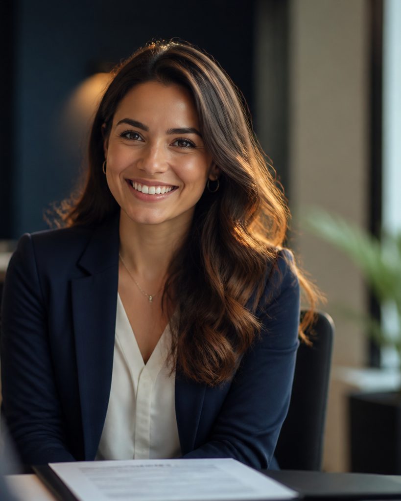 Candidata sorrindo durante uma entrevista de seleção