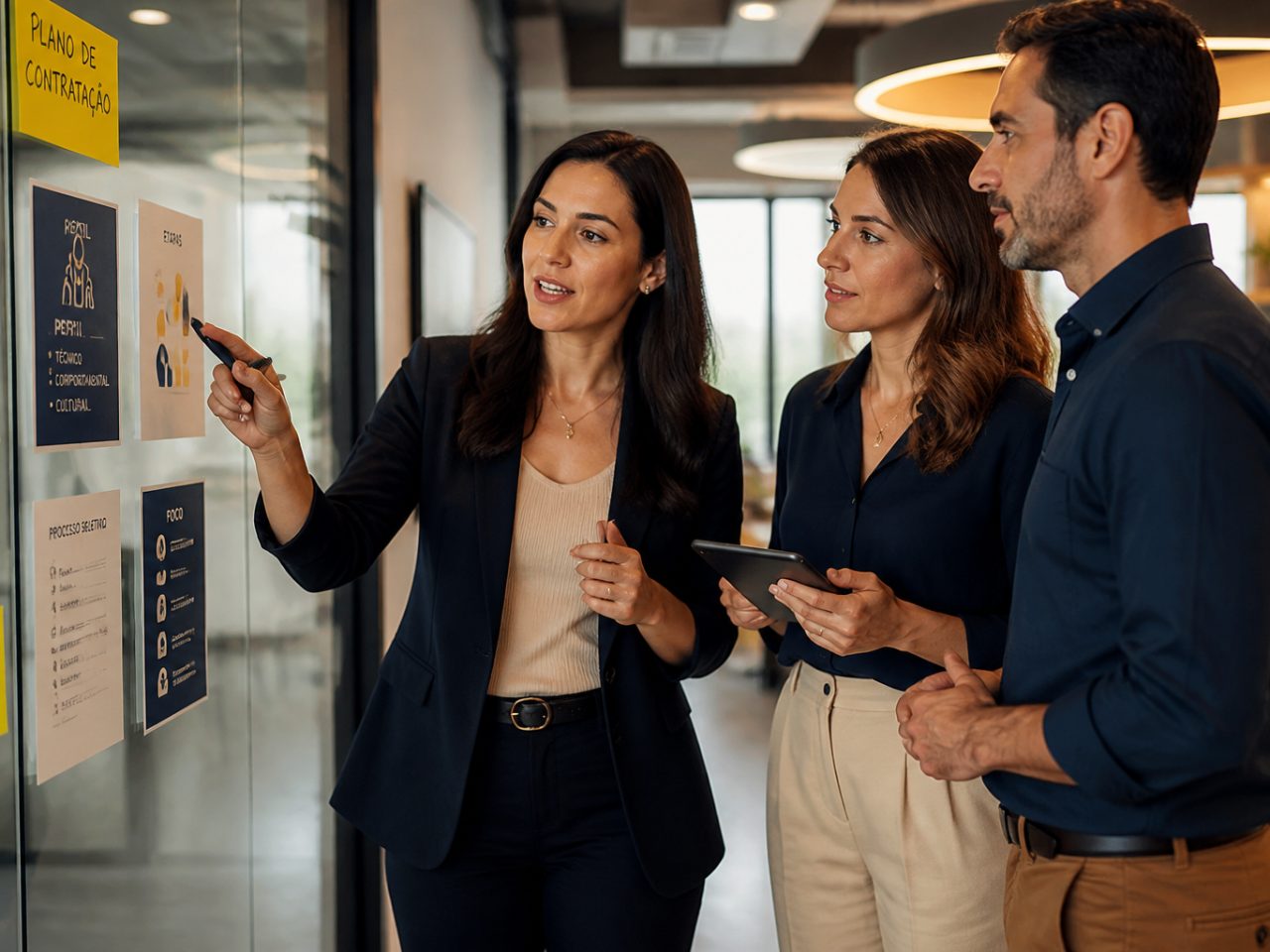 Consultora apresentando o plano de contratação para a equipe do cliente